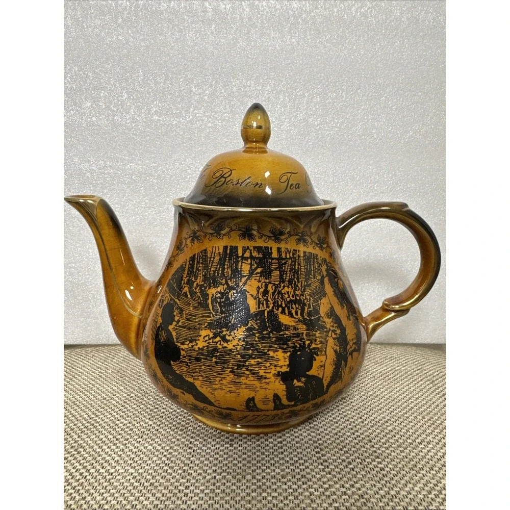 Vintage‎ Boston Tea Party 1773 Commemorative Ceramic Teapot Brown Gold Trim